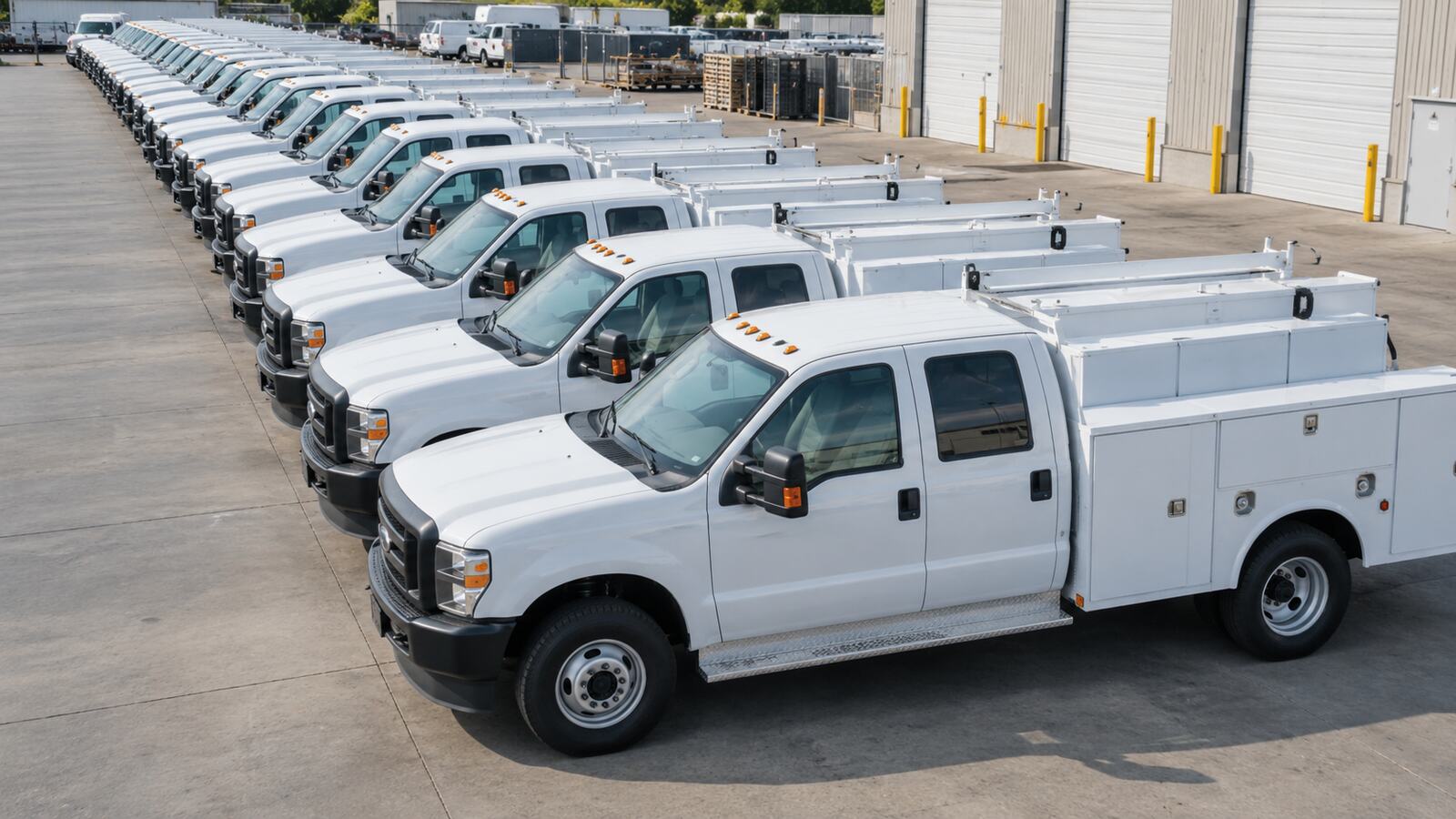A row of white utility trucks parked together in a lot.