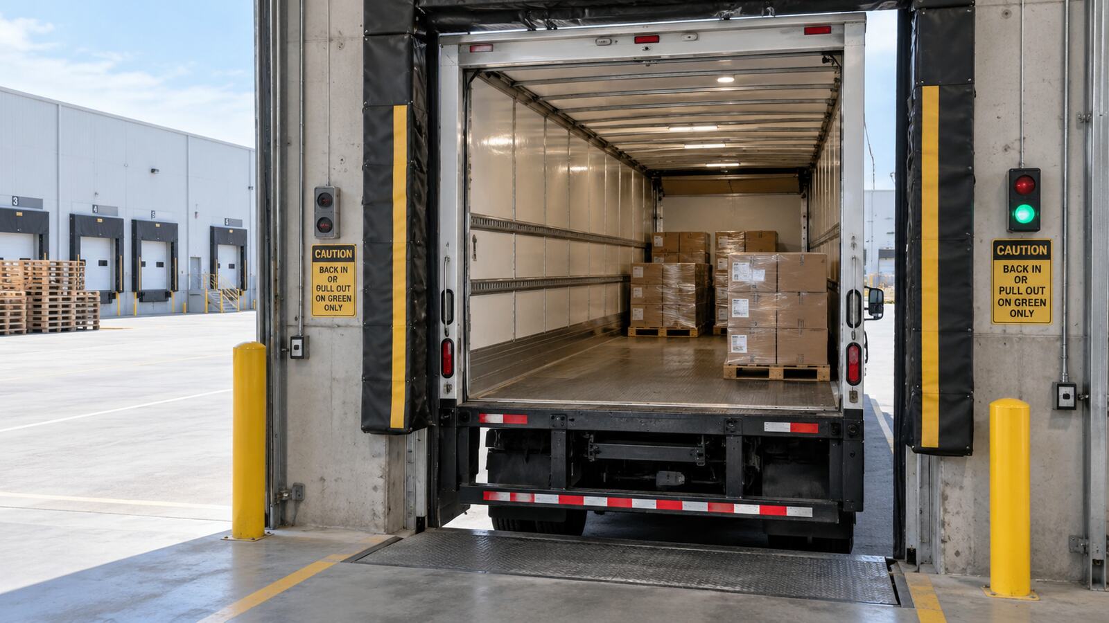 A white box truck backed up to a warehouse loading dock.