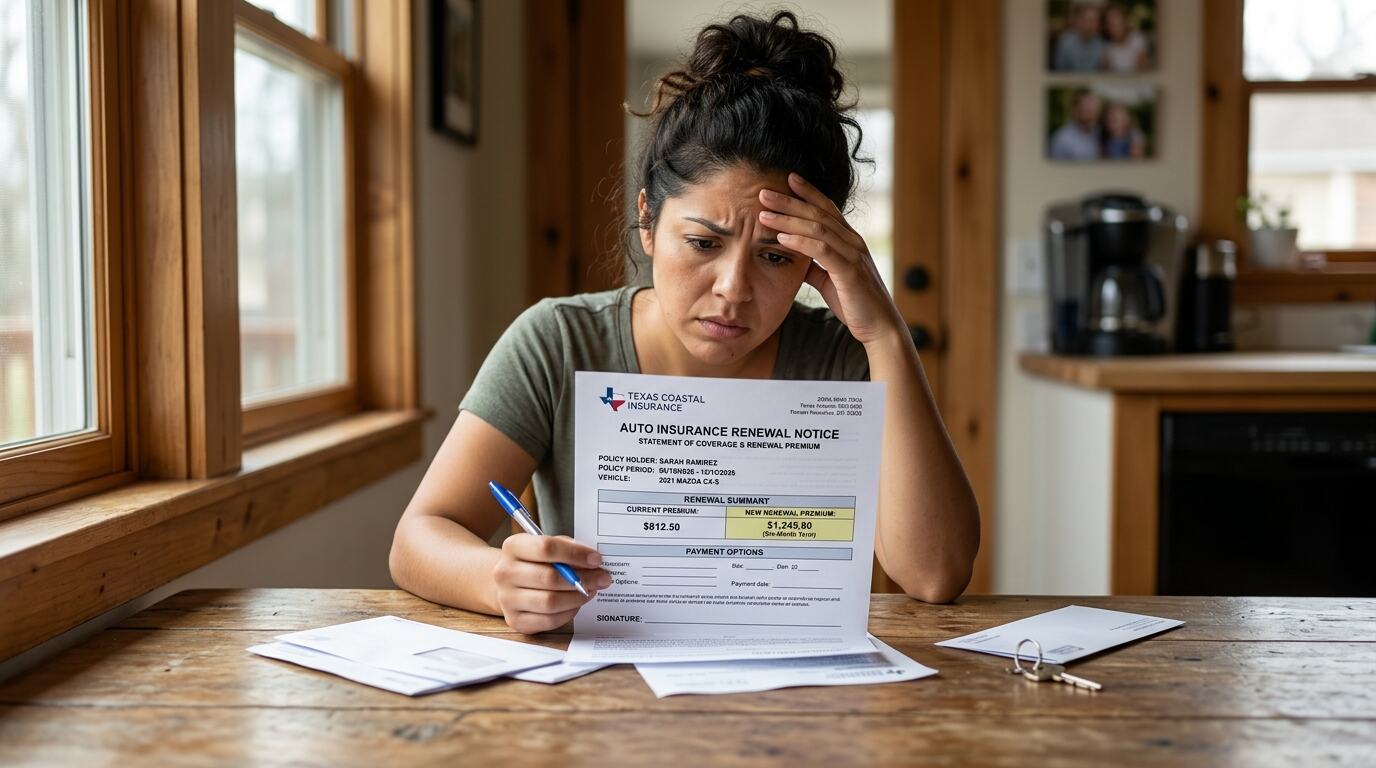 A woman sitting at a wooden kitchen table with a hand to her forehead, looking over a stack of paperwork.