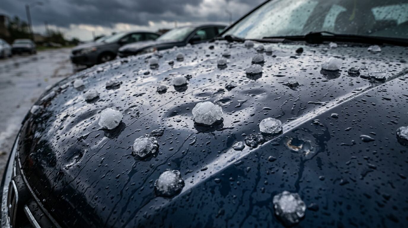 The hood of a car dimpled with dents from a hail storm.