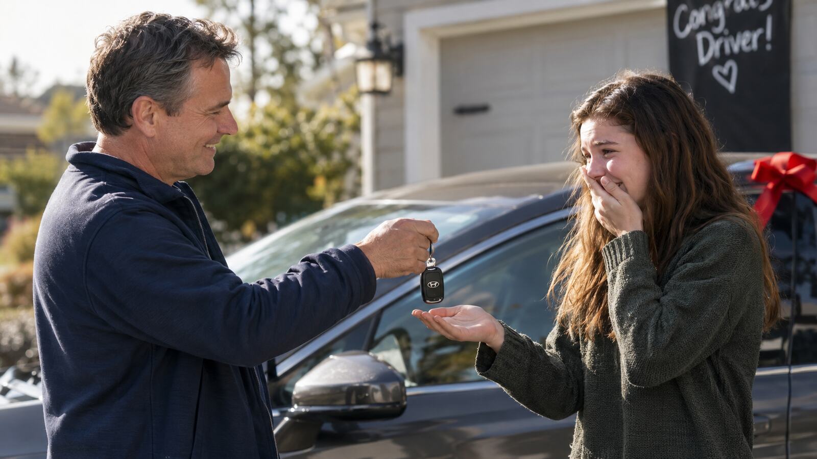 An older man handing a set of car keys to a smiling young woman.