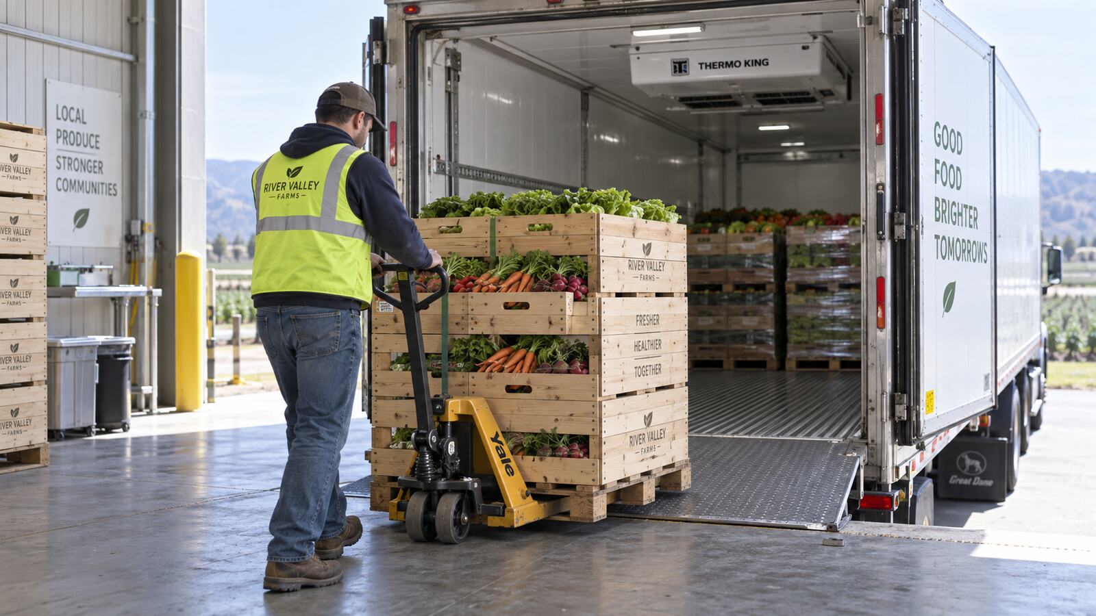 Workers loading crates of fresh produce onto a refrigerated truck.