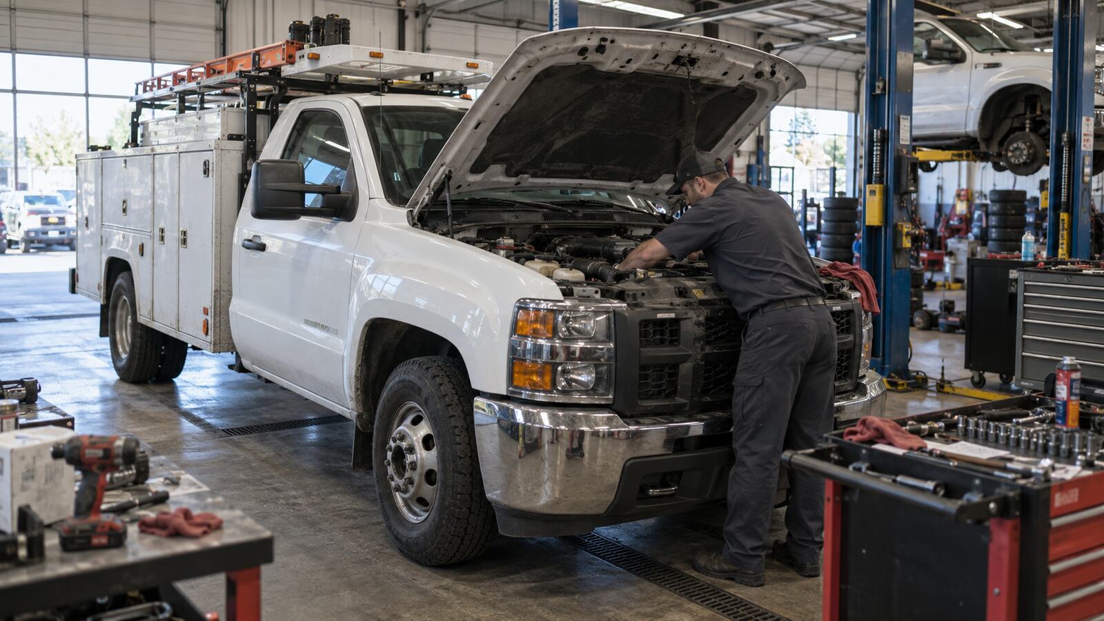 A mechanic working under the open hood of a work truck.