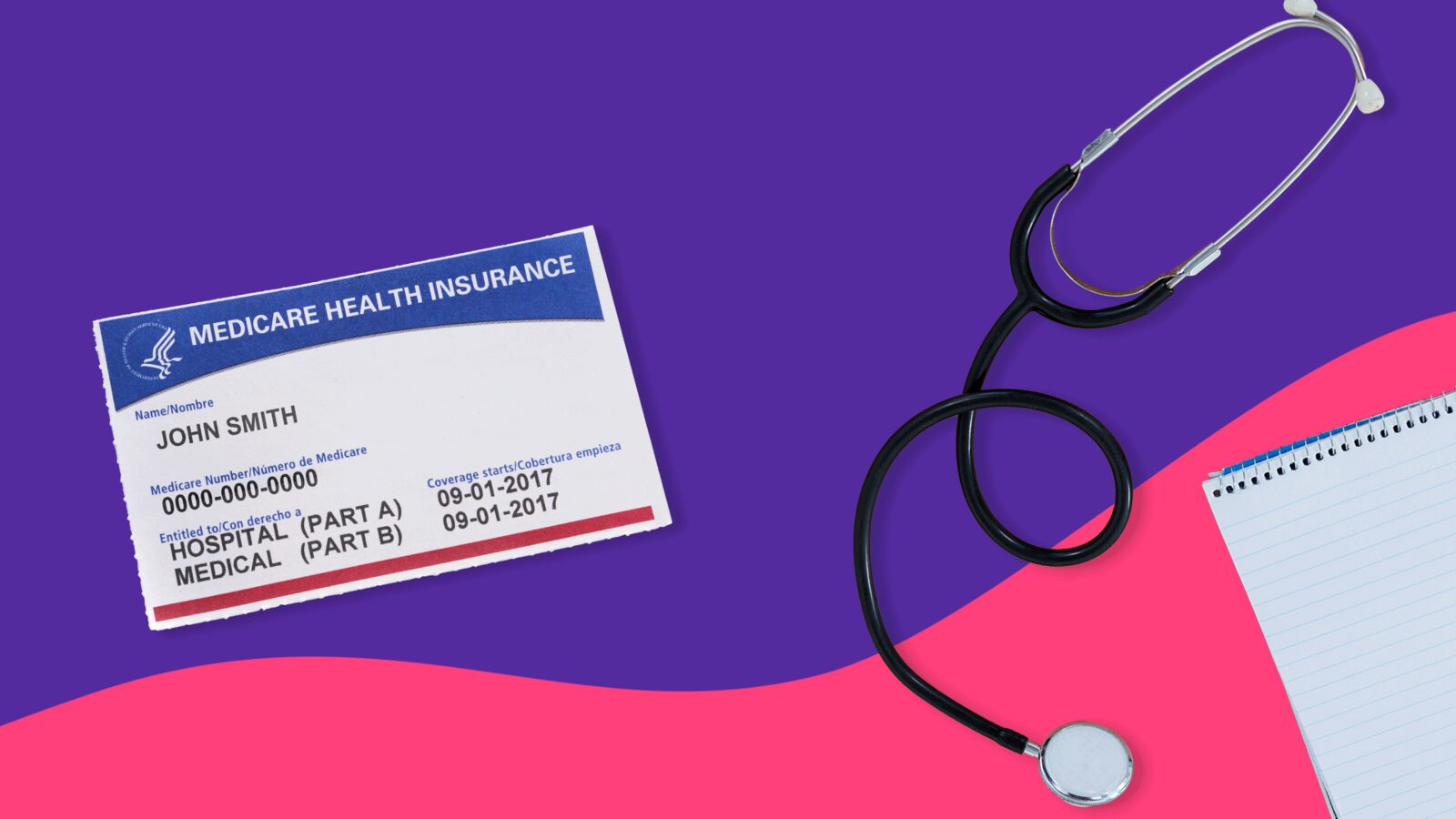 A sample Medicare card and a stethoscope on a purple and pink background beside a notepad.