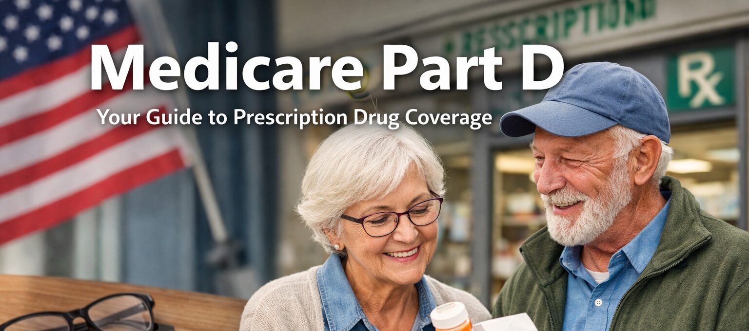 An older couple smile over a prescription bottle outside a pharmacy, under the words Medicare Part D.