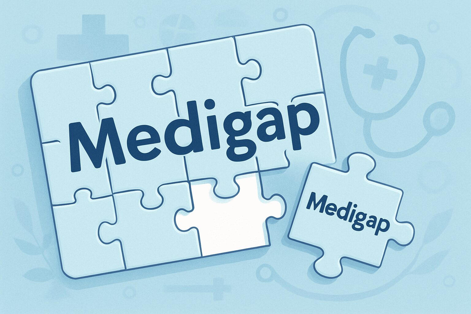 Illustration of a light blue puzzle reading Medigap with one piece missing and set to the side.