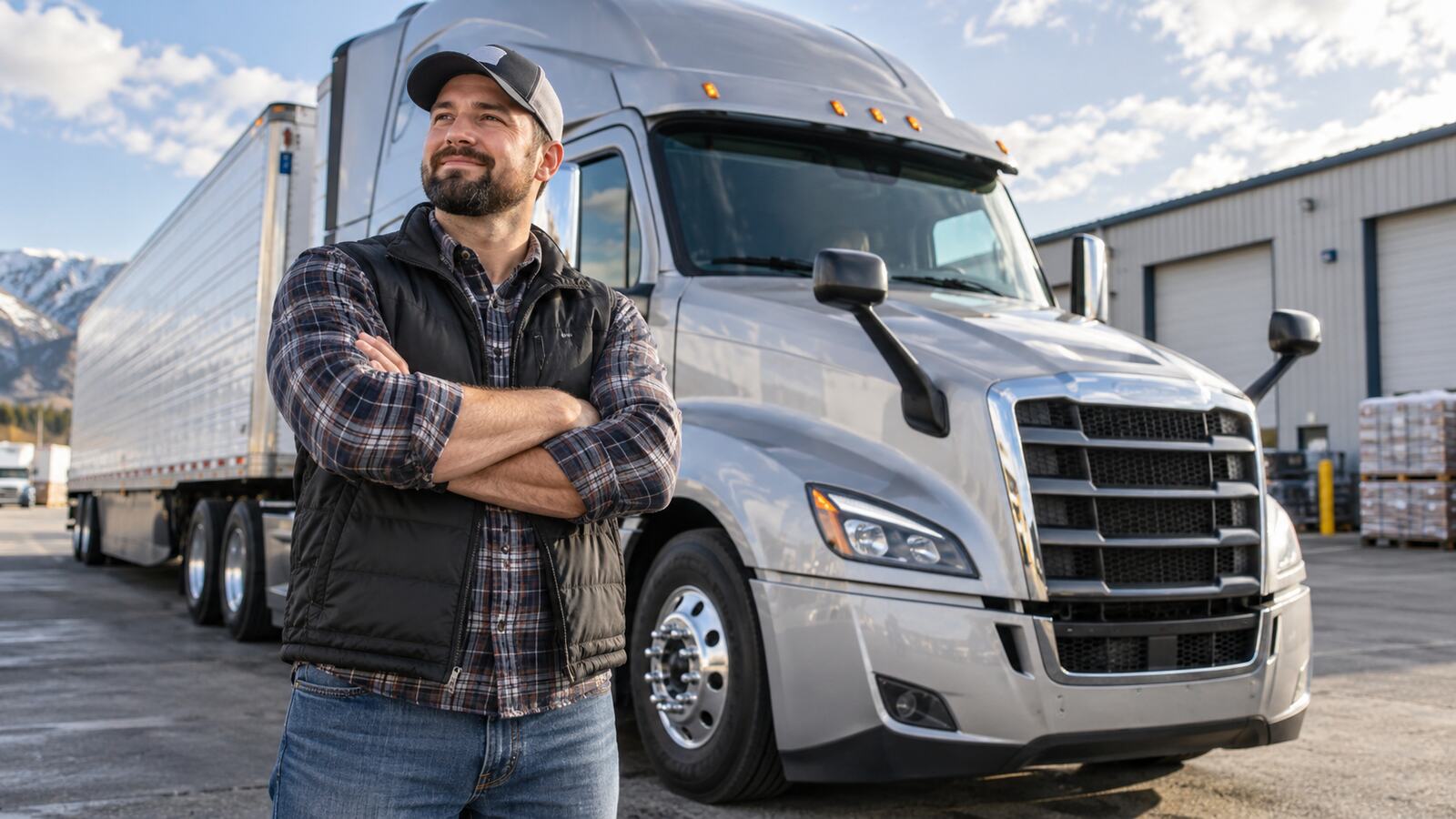 A driver standing beside a silver semi truck.