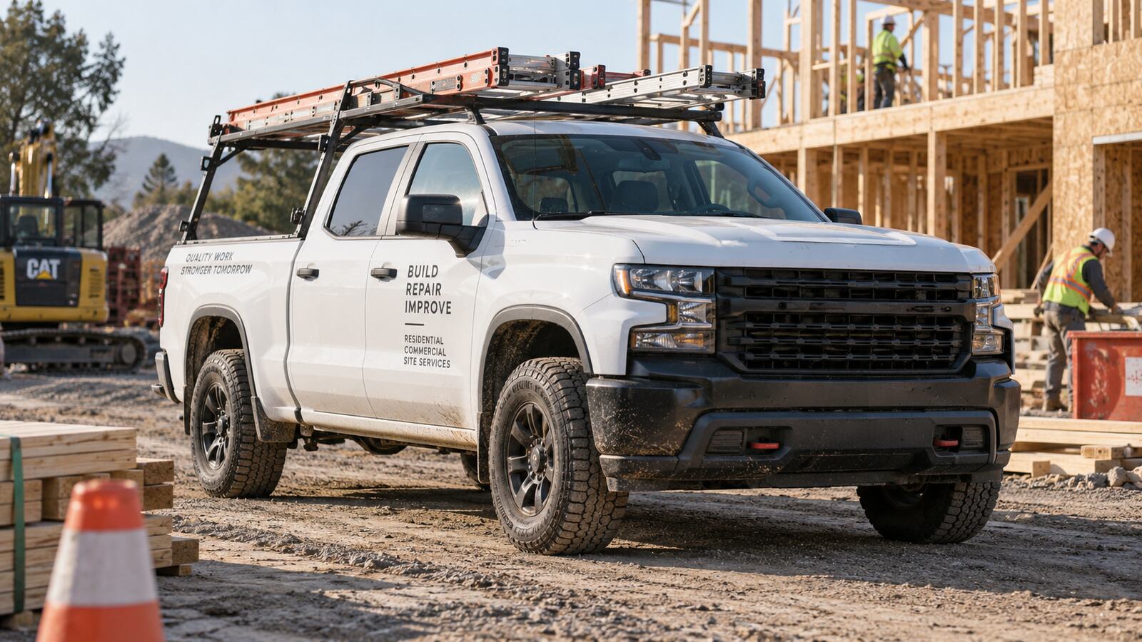 A work truck parked on a construction site with equipment in the bed.