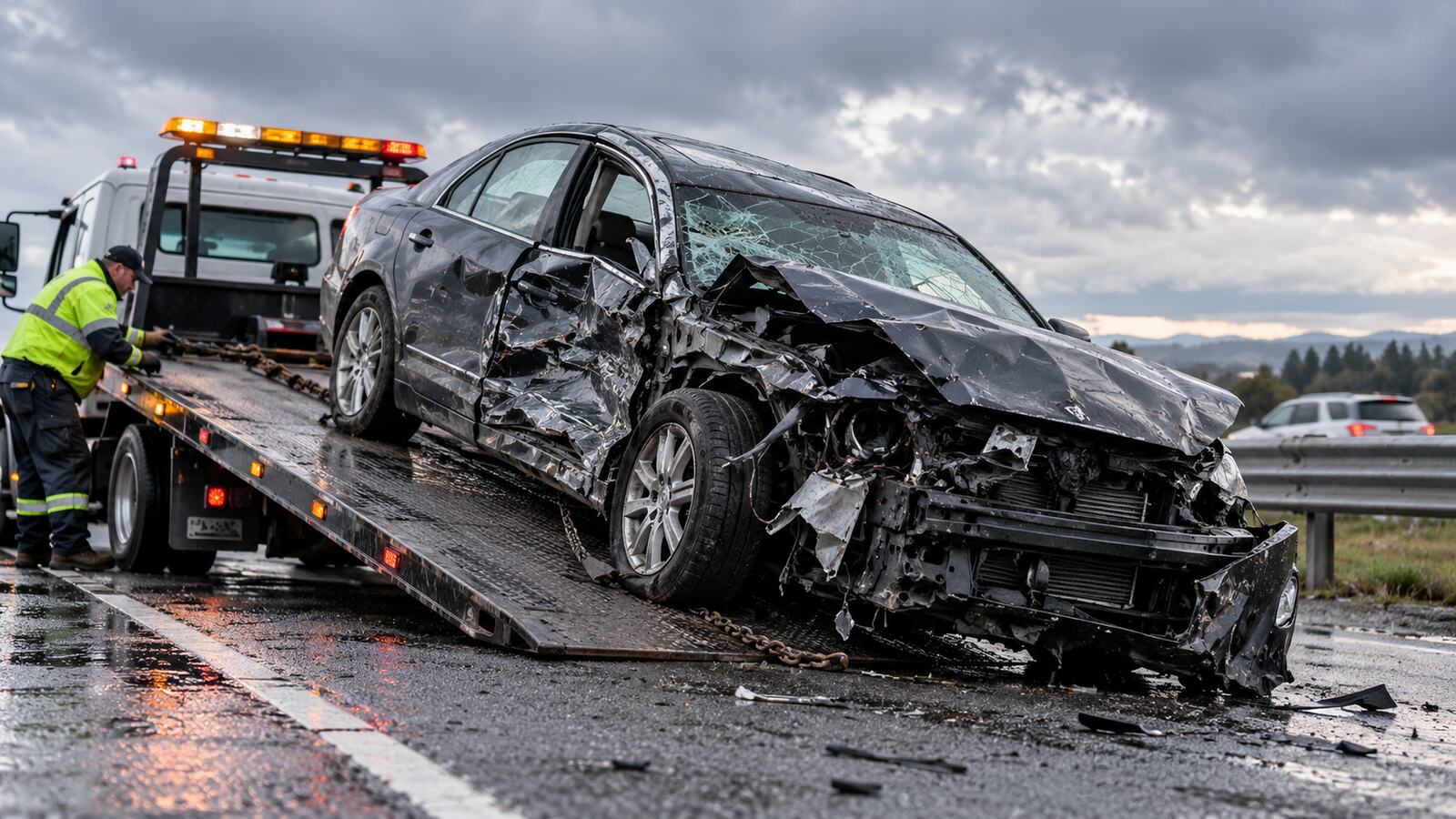 A wrecked silver sedan being winched onto the bed of a tow truck.
